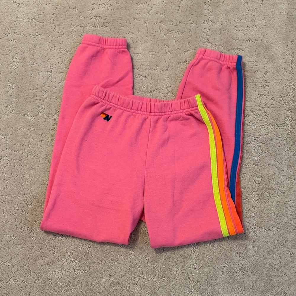 Aviator Nation Pink Sweatpants with Rainbow Stripes